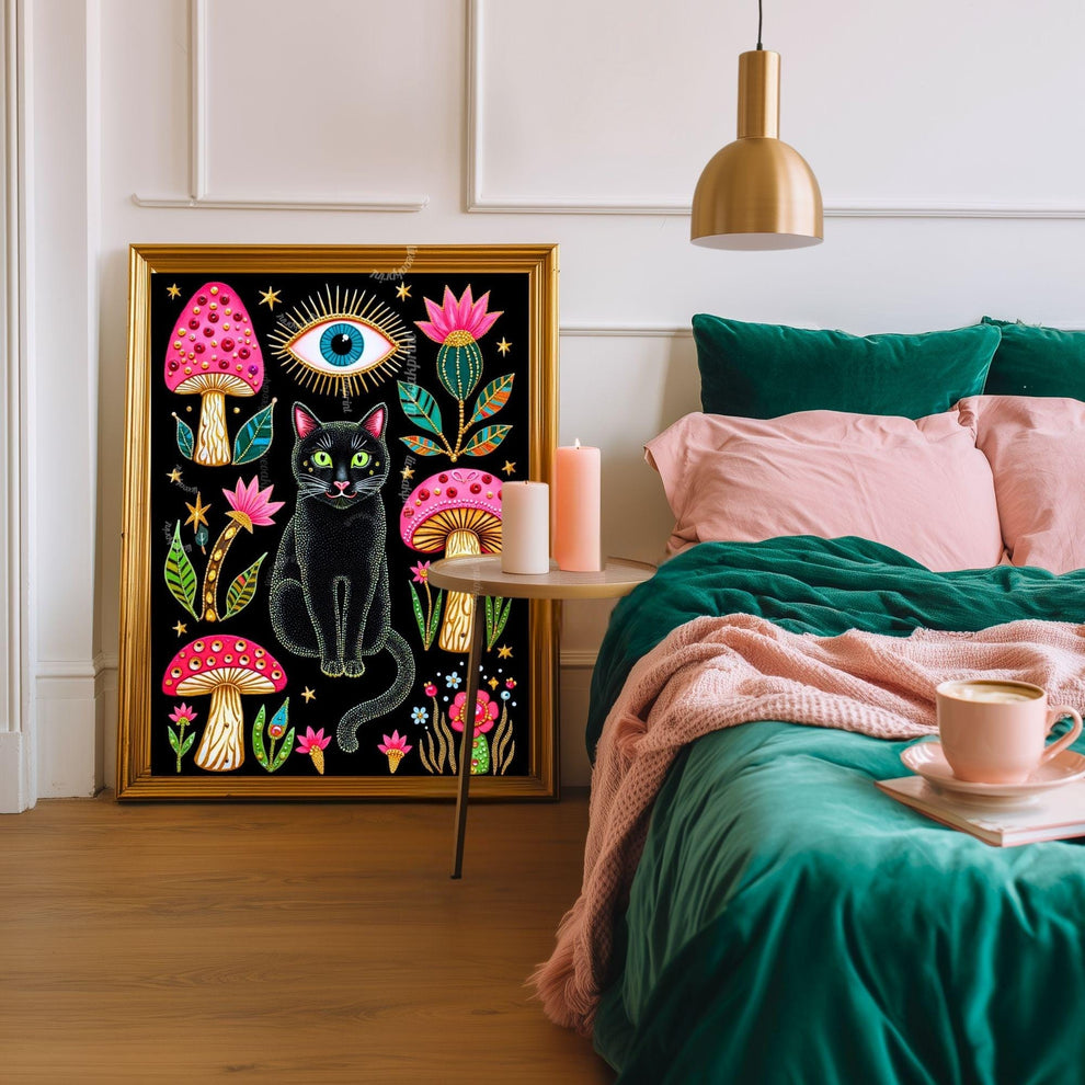Mushroom Cat Art Print - Surreal Maximalist Decor For Bedroom or Boho Living Room