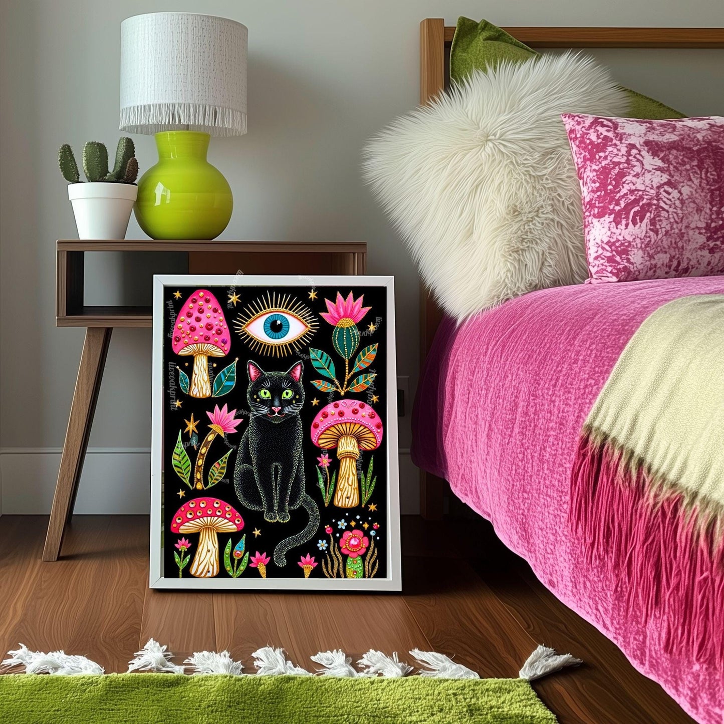 Mushroom Cat Art Print - Surreal Maximalist Decor For Bedroom or Boho Living Room