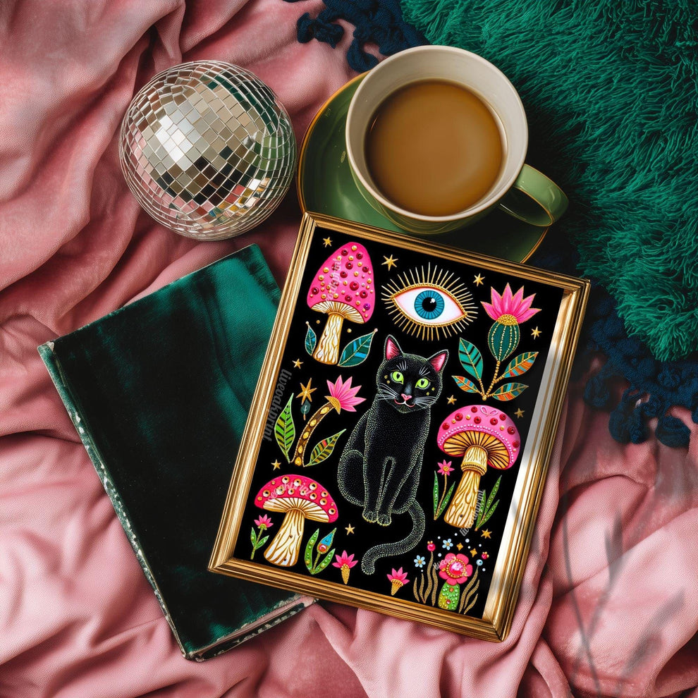 Mushroom Cat Art Print - Surreal Maximalist Decor For Bedroom or Boho Living Room
