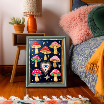 Enchanted Mushrooms Wall Art - Surreal Maximalist Decor For Bedroom or Boho Living Room