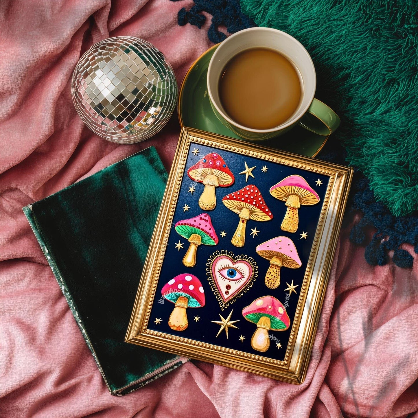 Enchanted Mushrooms Wall Art - Surreal Maximalist Decor For Bedroom or Boho Living Room