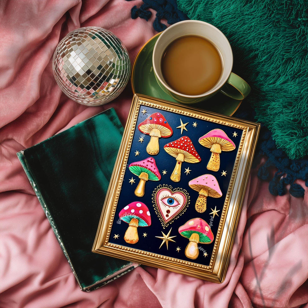 Enchanted Mushrooms Wall Art - Surreal Maximalist Decor For Bedroom or Boho Living Room