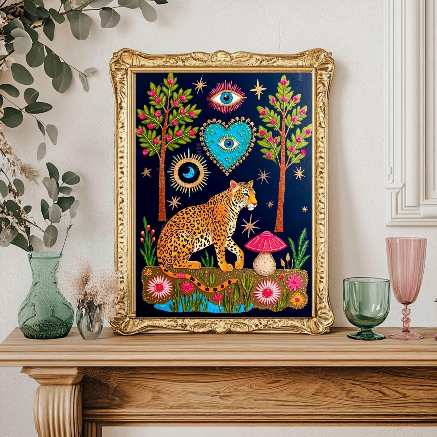 Enchanted Leopard Wall Art - Maximalist Surreal Decor For Living Room or Bedroom Boho