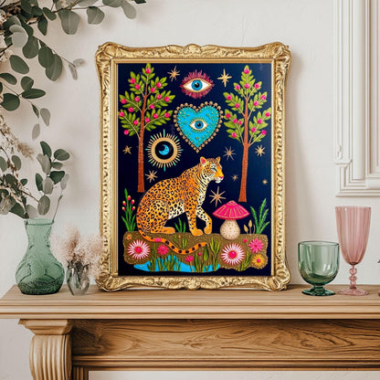 Enchanted Leopard Wall Art - Maximalist Surreal Decor For Living Room or Bedroom Boho
