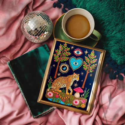 Enchanted Leopard Wall Art - Maximalist Surreal Decor For Living Room or Bedroom Boho