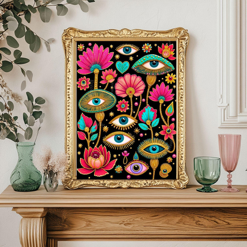 Magical Forest Wall Art - Surreal Eye Maximalist Decor For Bedroom or Boho Living Room