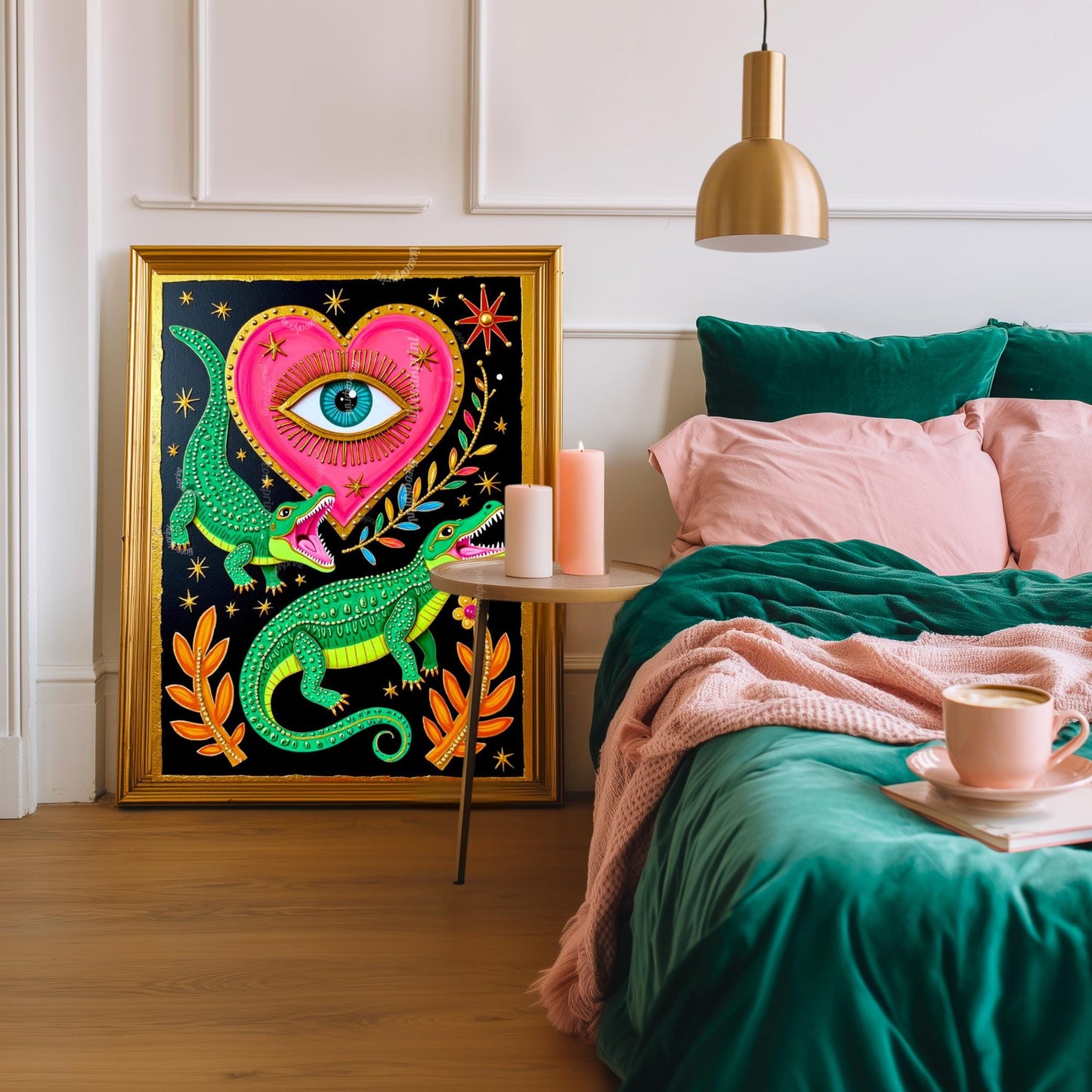 Surreal Alligator Wall Art - Heart Eye Wall Print Crocodile Decor Funky Maximalist