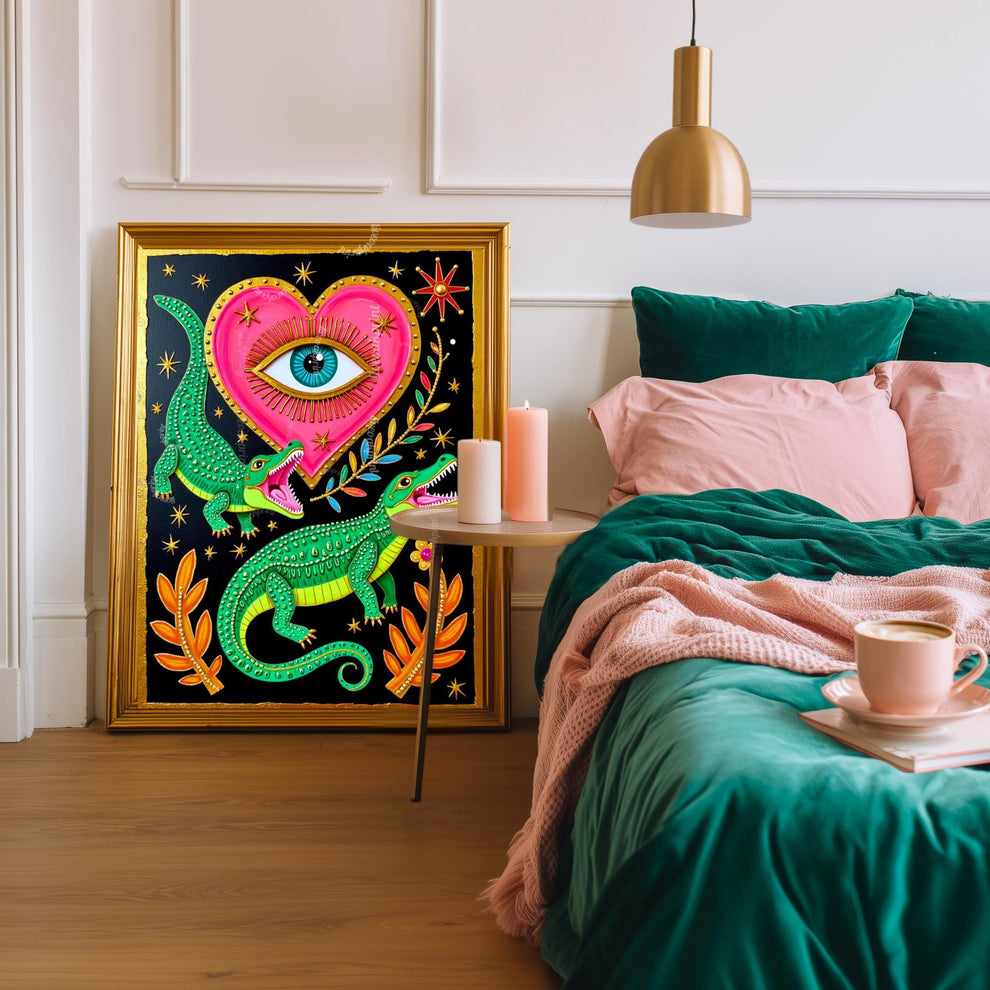 Surreal Alligator Wall Art - Heart Eye Wall Print Crocodile Decor Funky Maximalist