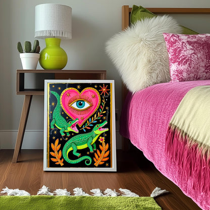 Surreal Alligator Wall Art - Heart Eye Wall Print Crocodile Decor Funky Maximalist