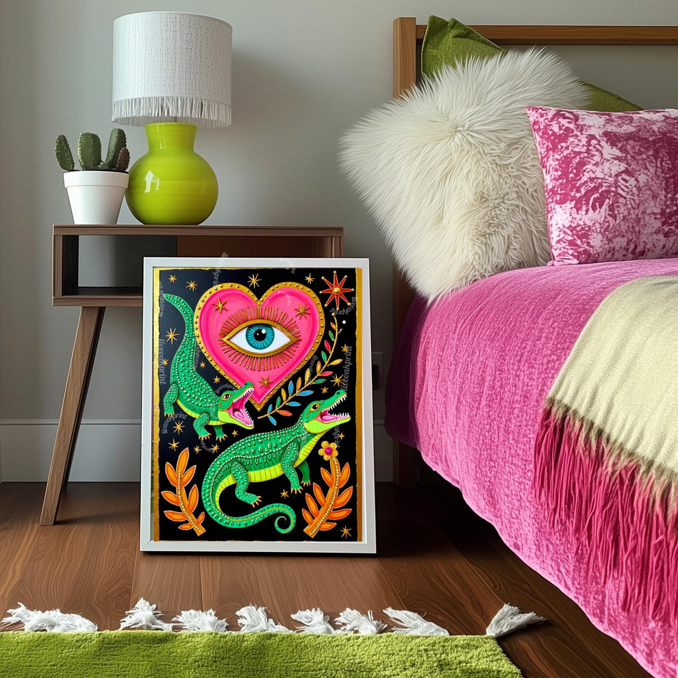 Surreal Alligator Wall Art - Heart Eye Wall Print Crocodile Decor Funky Maximalist