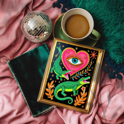 Surreal Alligator Wall Art - Heart Eye Wall Print Crocodile Decor Funky Maximalist