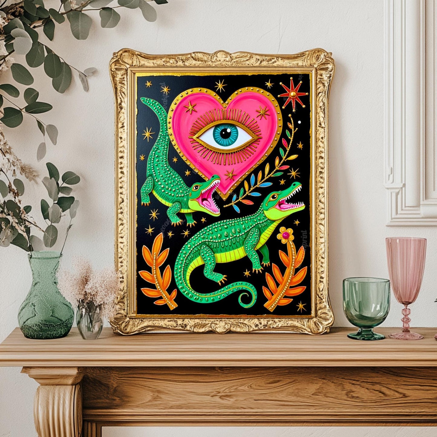 Surreal Alligator Wall Art - Heart Eye Wall Print Crocodile Decor Funky Maximalist
