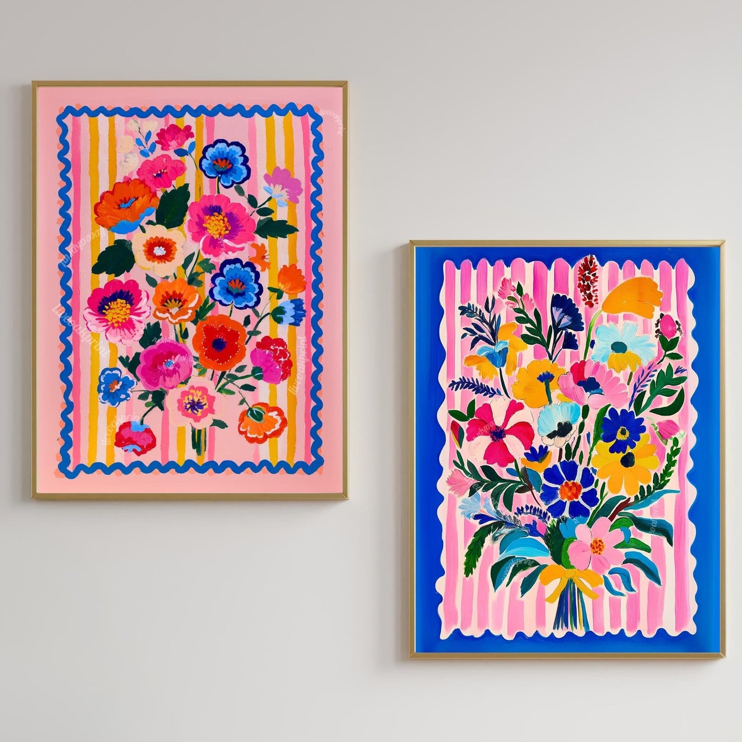 Pink and Blue Floral Wall Art - Set of Two Prints