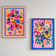 Bright Maximalist Floral Wall Art Set – Colorful Pink and Blue Flowers with Striped Borders – Eclectic Botanical Prints for Bold Home Decor