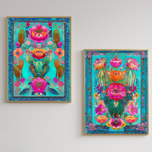 Set of Two Turquoise Mexican Cactus Wall Art – Folk-Style Desert Print Colorful Pink & Blue Maximalist Décor for Southwestern Boho Homes
