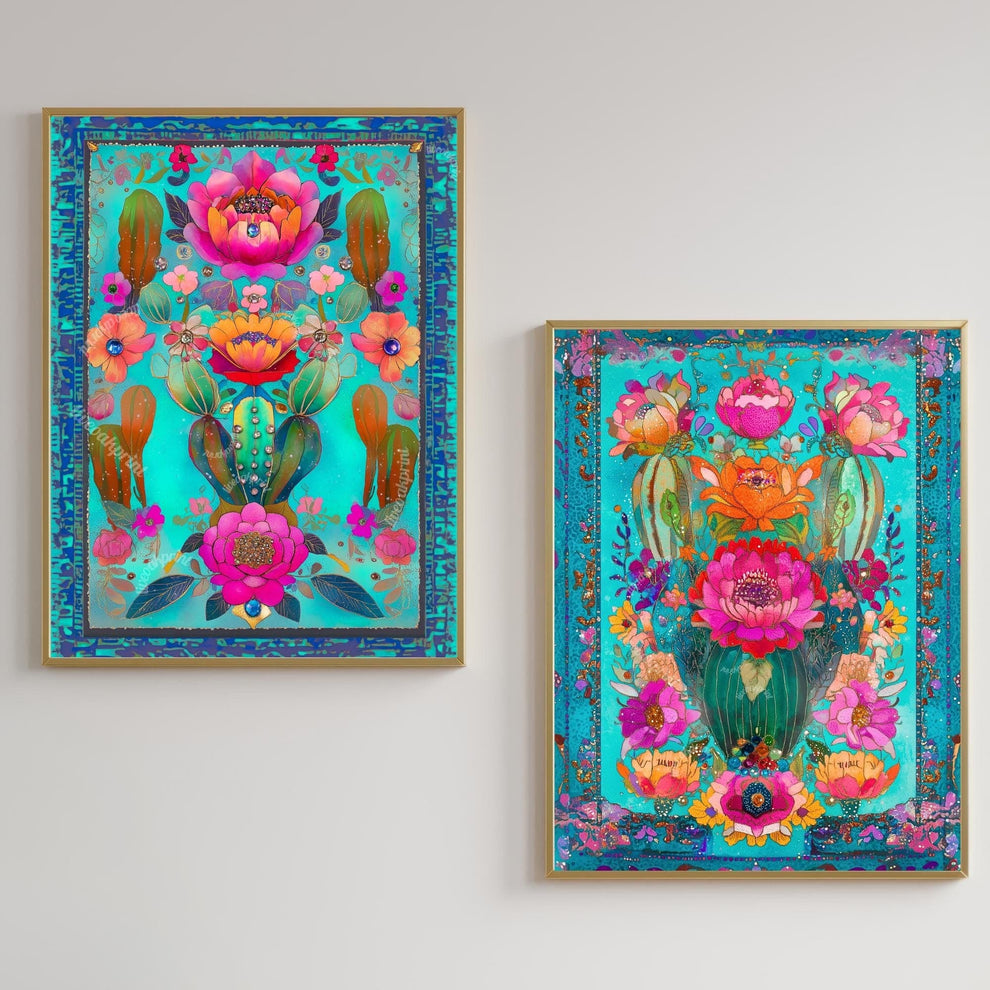 Set of Two Turquoise Mexican Cactus Wall Art – Folk-Style Desert Print Colorful Pink & Blue Maximalist Décor for Southwestern Boho Homes