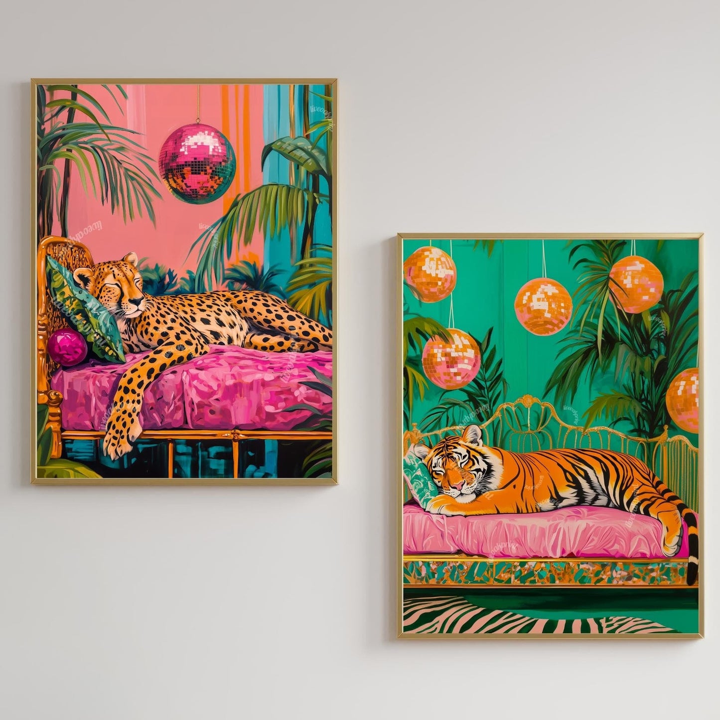 Cheetah and Tiger Sleeping Under Disco Balls Print Set