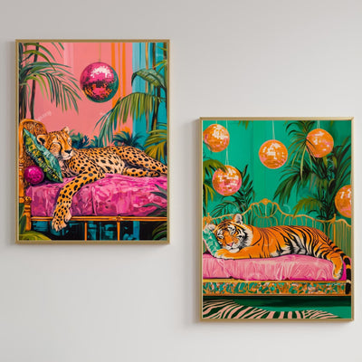 Cheetah and Tiger Sleeping Under Disco Balls Print Set