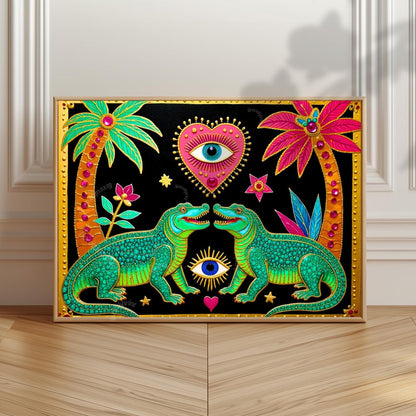 Surreal Eye Crocodile Wall Art - Sacred Heart Wall Print Alligator Decor Funky Maximalist