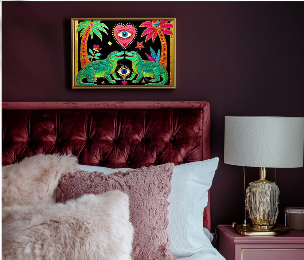 Surreal Eye Crocodile Wall Art - Sacred Heart Wall Print Alligator Decor Funky Maximalist