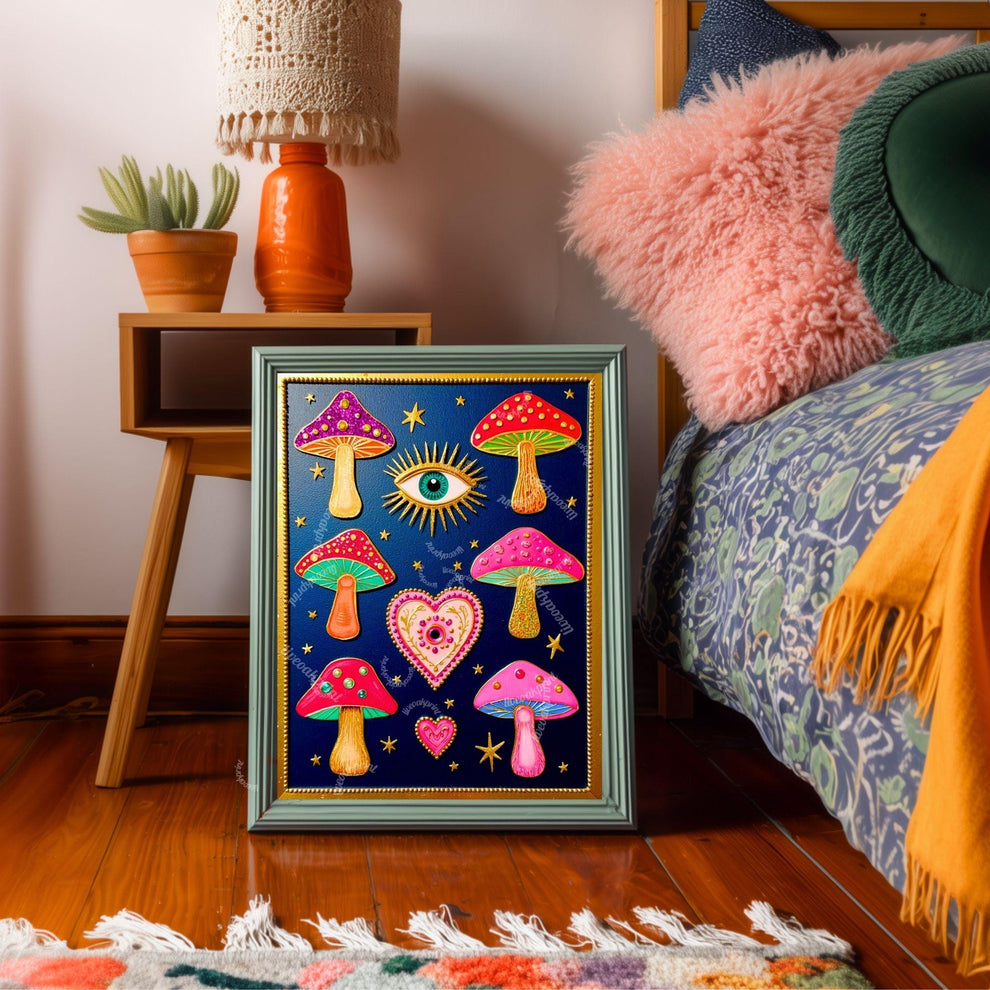 Mystical Mushrooms Wall Art - Surreal Maximalist Decor For Bedroom or Boho Living Room