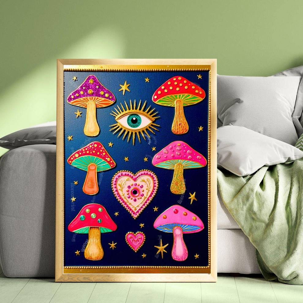Mystical Mushrooms Wall Art - Surreal Maximalist Decor For Bedroom or Boho Living Room