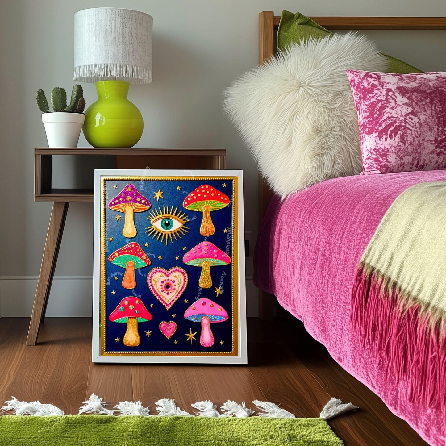 Mystical Mushrooms Wall Art - Surreal Maximalist Decor For Bedroom or Boho Living Room