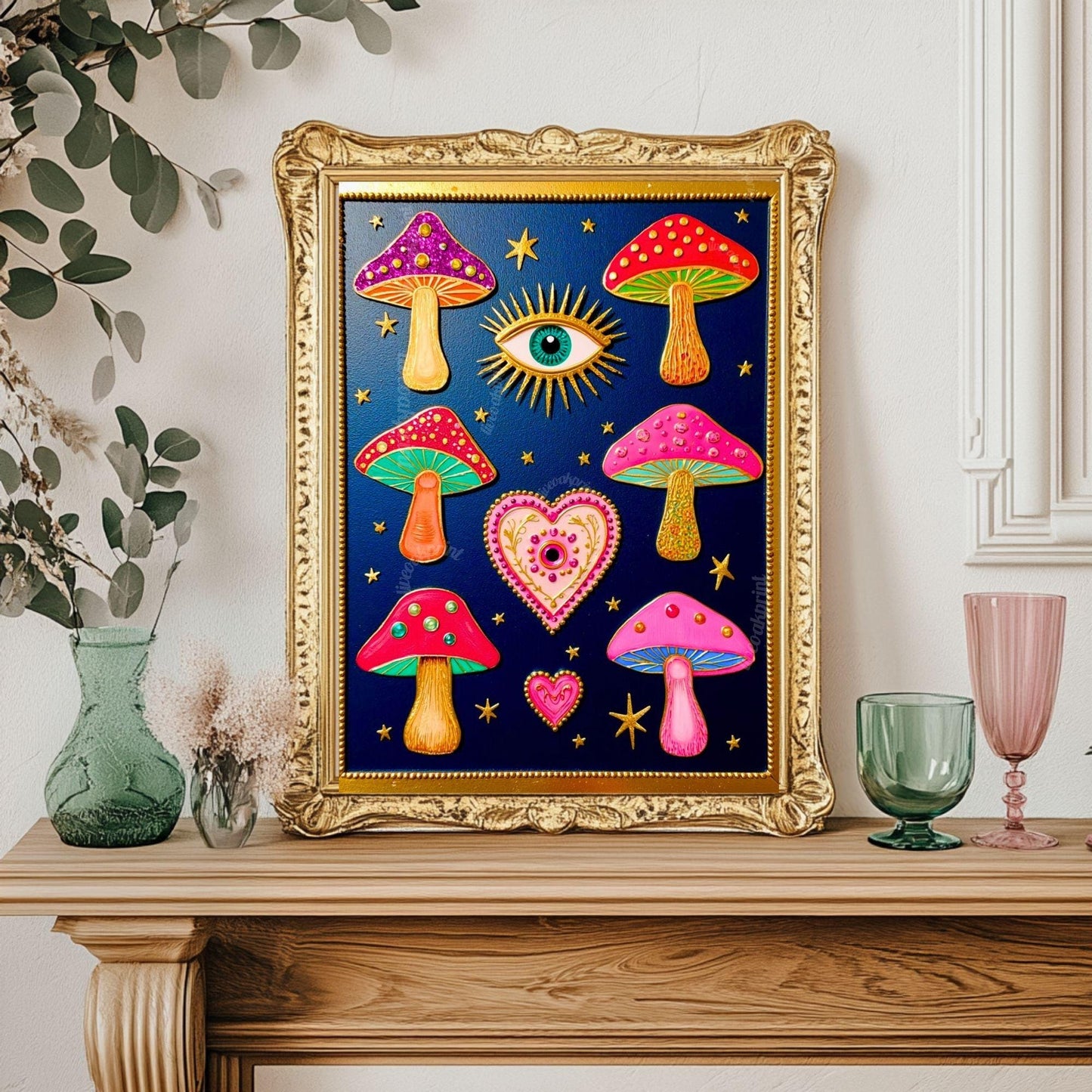 Mystical Mushrooms Wall Art - Surreal Maximalist Decor For Bedroom or Boho Living Room