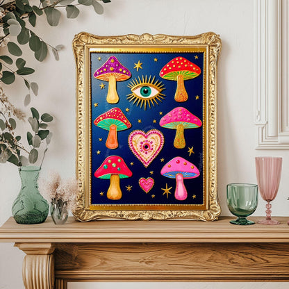 Mystical Mushrooms Wall Art - Surreal Maximalist Decor For Bedroom or Boho Living Room
