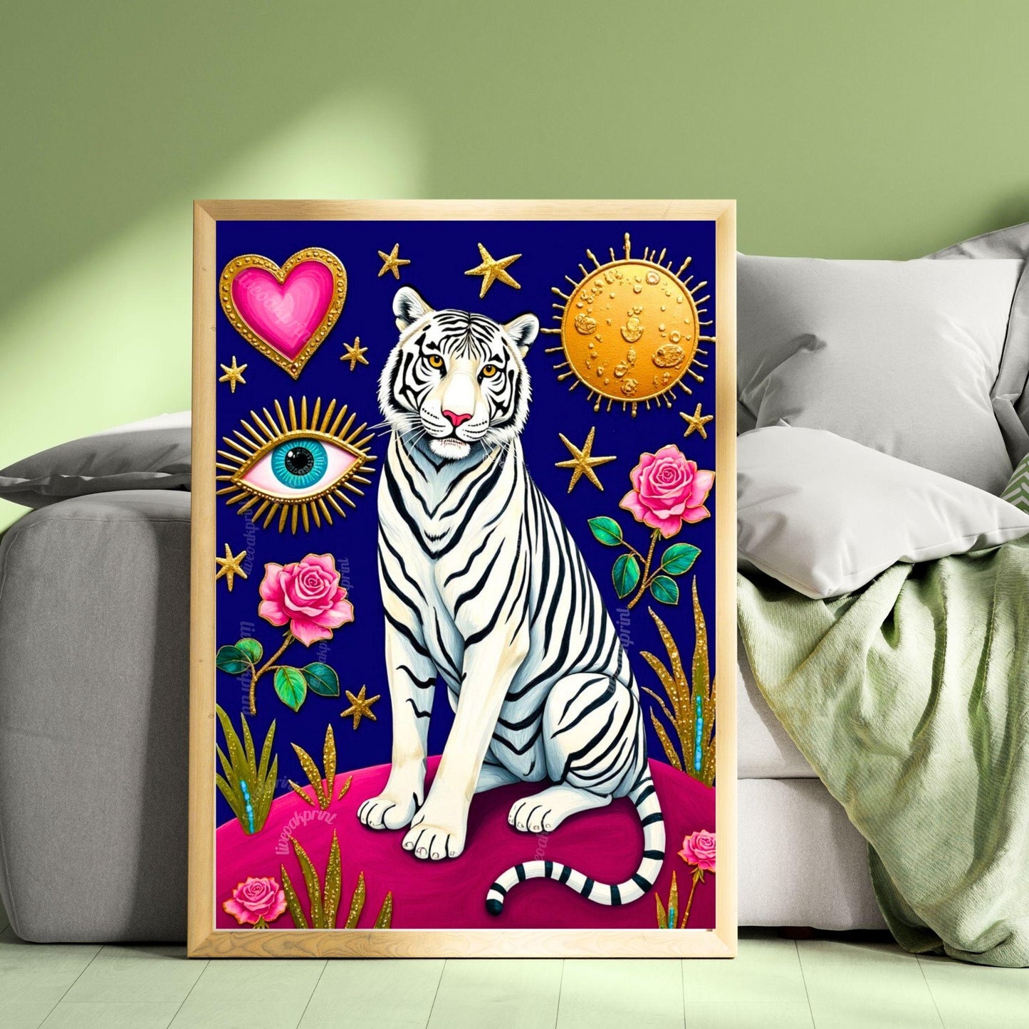Magic White Tiger Art Print - Mystical Jungle Wall Art Whimsical Big Cat Poster Pink & Modern Maximalist Decor Psychedelic Wall Art