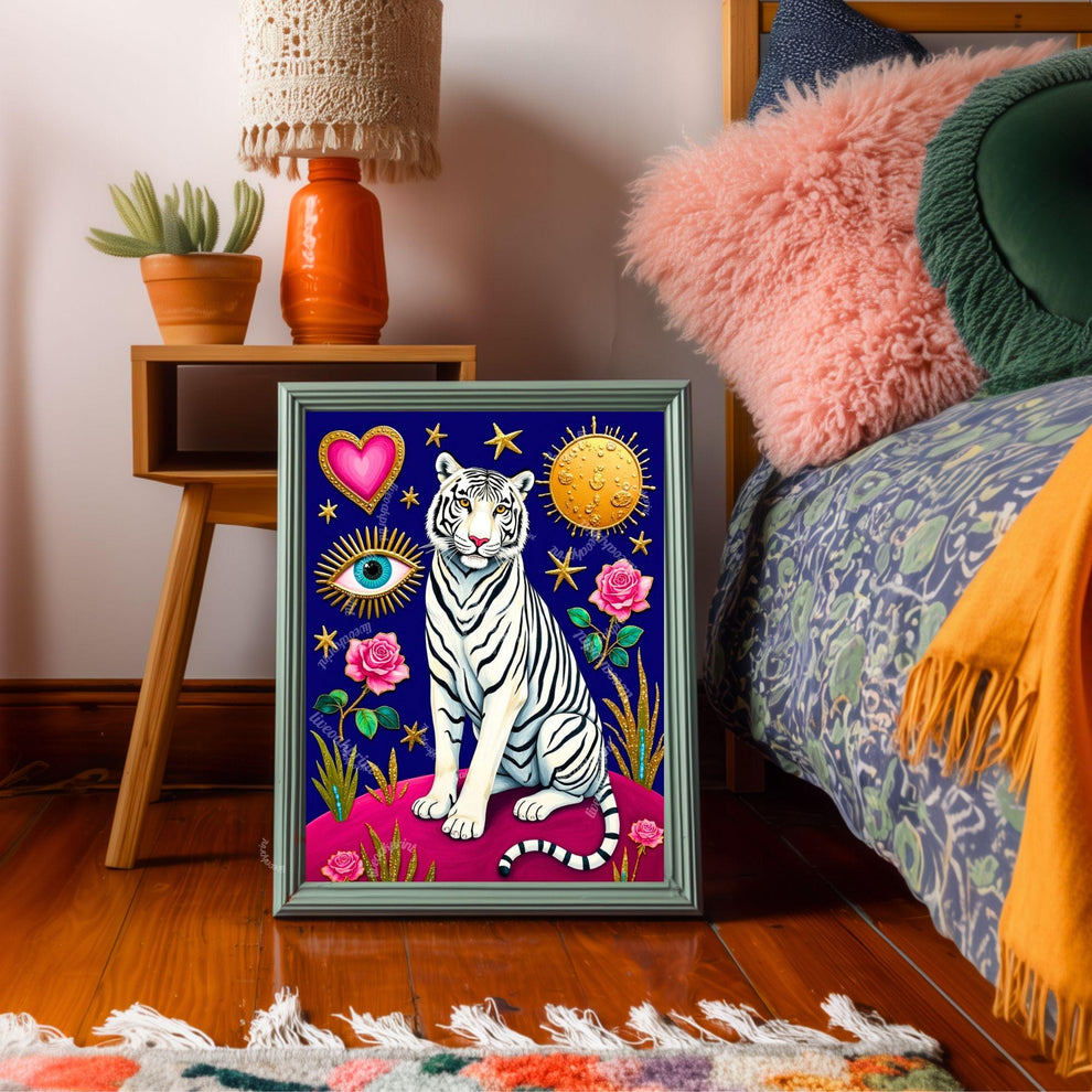 Magic White Tiger Art Print - Mystical Jungle Wall Art Whimsical Big Cat Poster Pink & Modern Maximalist Decor Psychedelic Wall Art