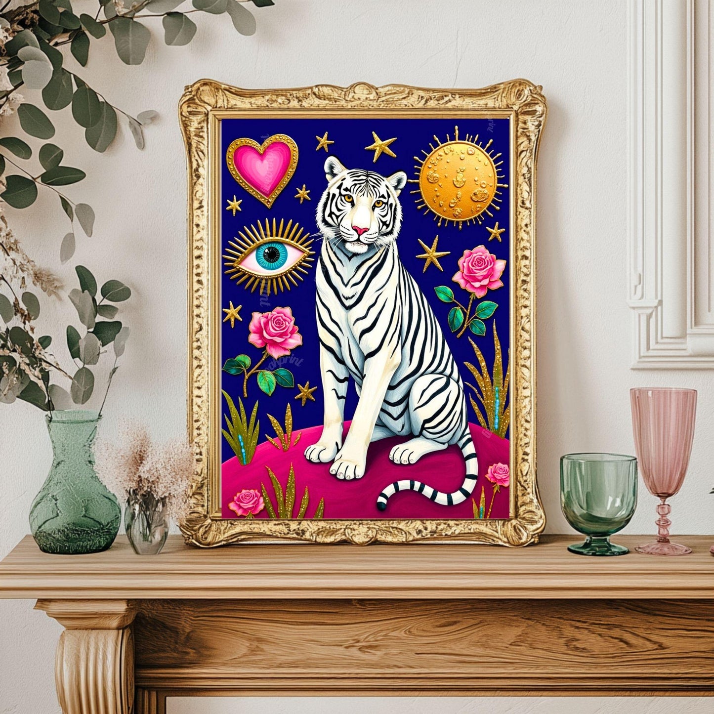 Magic White Tiger Art Print - Mystical Jungle Wall Art Whimsical Big Cat Poster Pink & Modern Maximalist Decor Psychedelic Wall Art