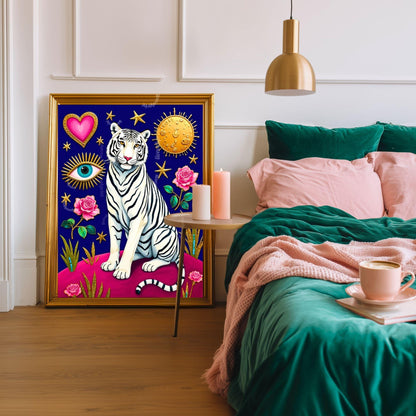 Magic White Tiger Art Print - Mystical Jungle Wall Art Whimsical Big Cat Poster Pink & Modern Maximalist Decor Psychedelic Wall Art