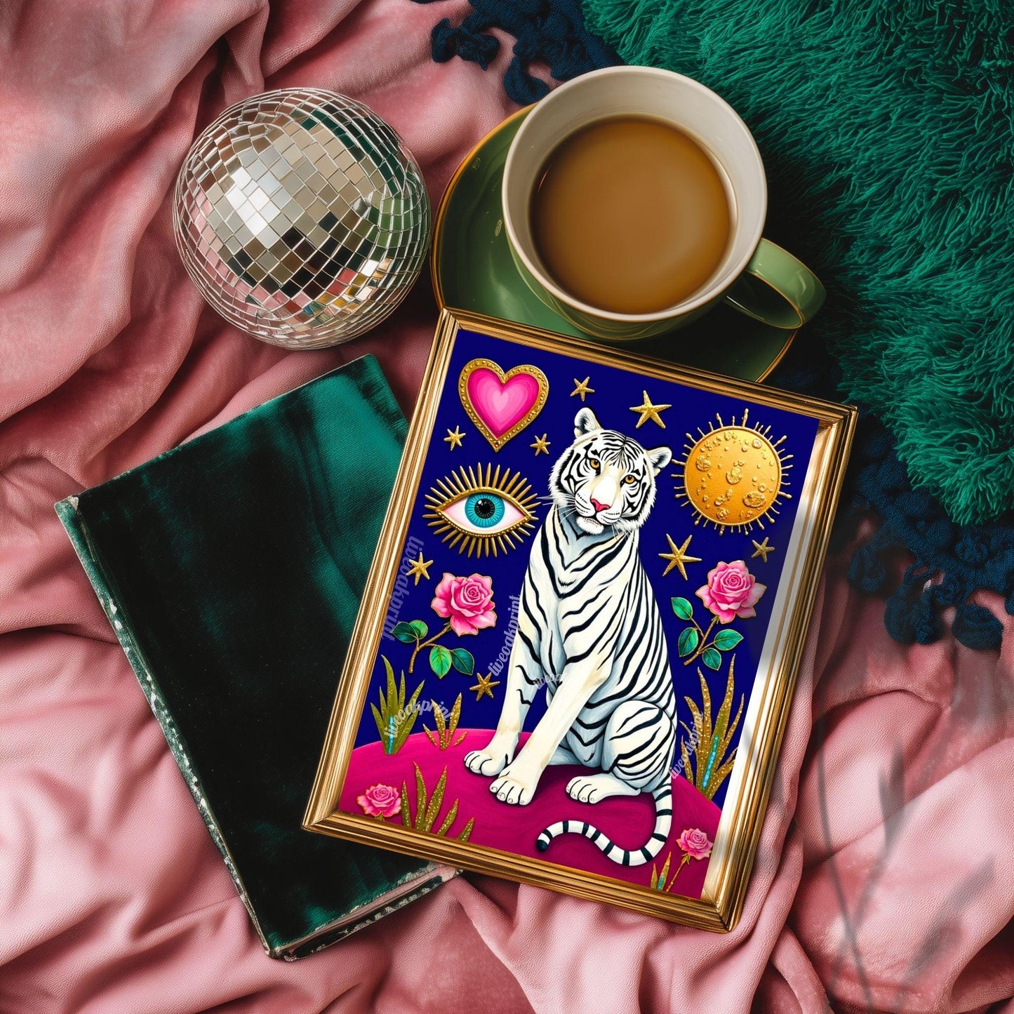 Magic White Tiger Art Print - Mystical Jungle Wall Art Whimsical Big Cat Poster Pink & Modern Maximalist Decor Psychedelic Wall Art