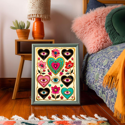 Magic Hearts and Eyes - Light Cream Boho Modern Maximalist Decor Psychedelic Wall Art