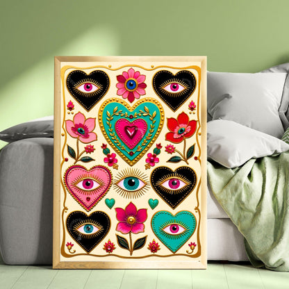 Magic Hearts and Eyes - Light Cream Boho Modern Maximalist Decor Psychedelic Wall Art
