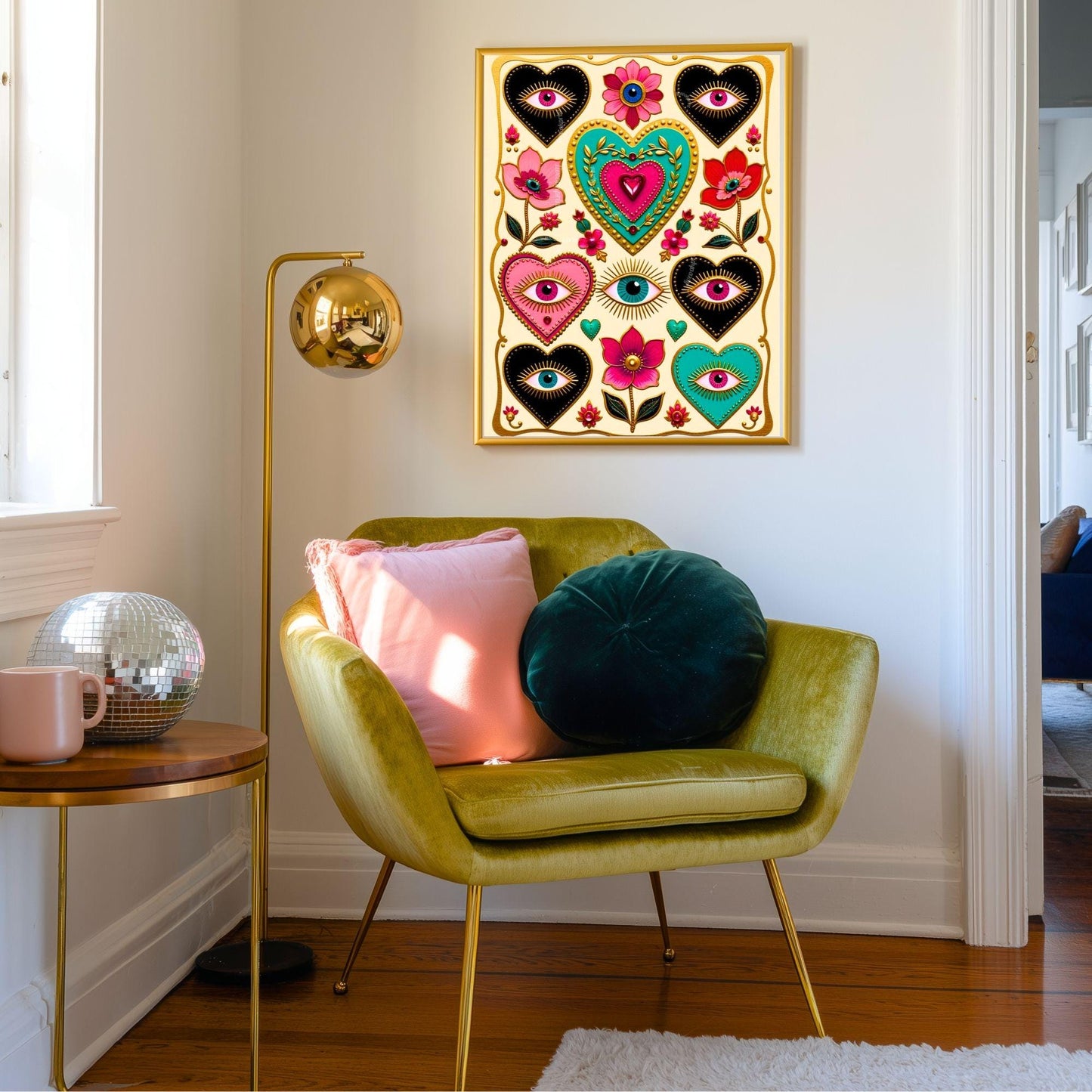 Magic Hearts and Eyes - Light Cream Boho Modern Maximalist Decor Psychedelic Wall Art