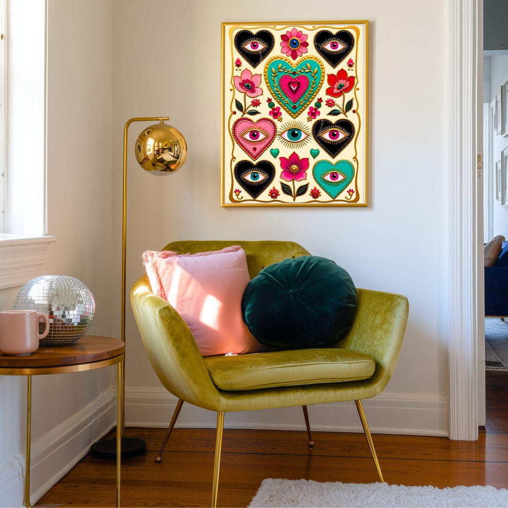 Magic Hearts and Eyes - Light Cream Boho Modern Maximalist Decor Psychedelic Wall Art