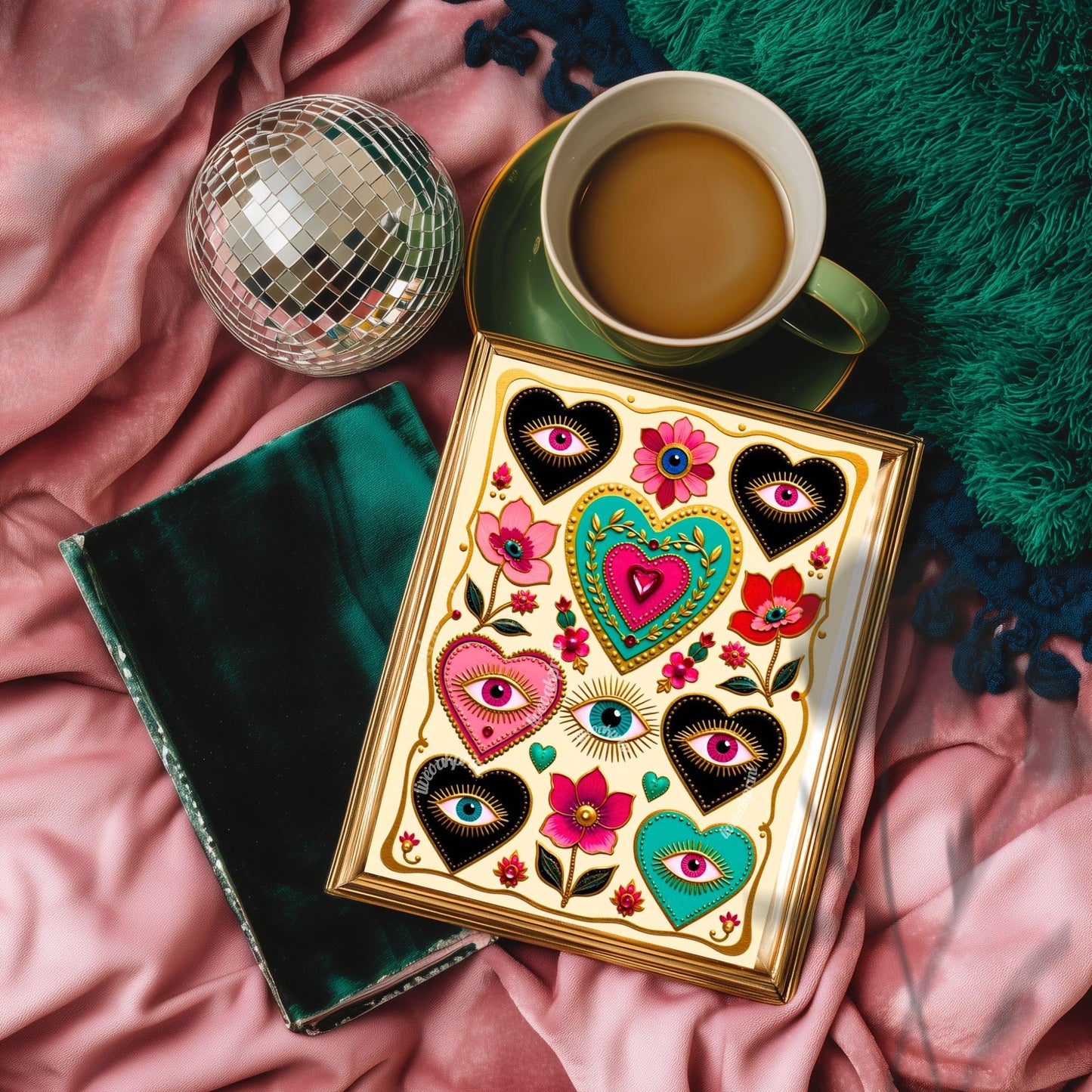 Magic Hearts and Eyes - Light Cream Boho Modern Maximalist Decor Psychedelic Wall Art