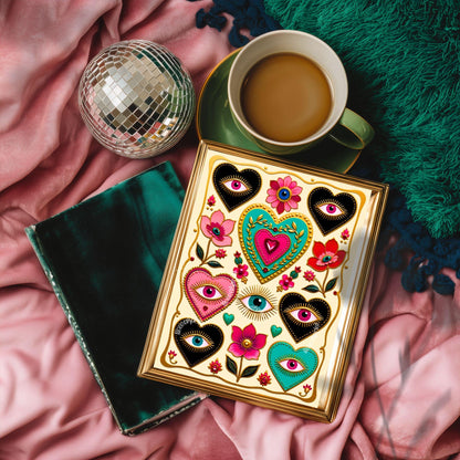 Magic Hearts and Eyes - Light Cream Boho Modern Maximalist Decor Psychedelic Wall Art