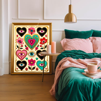 Magic Hearts and Eyes - Light Cream Boho Modern Maximalist Decor Psychedelic Wall Art
