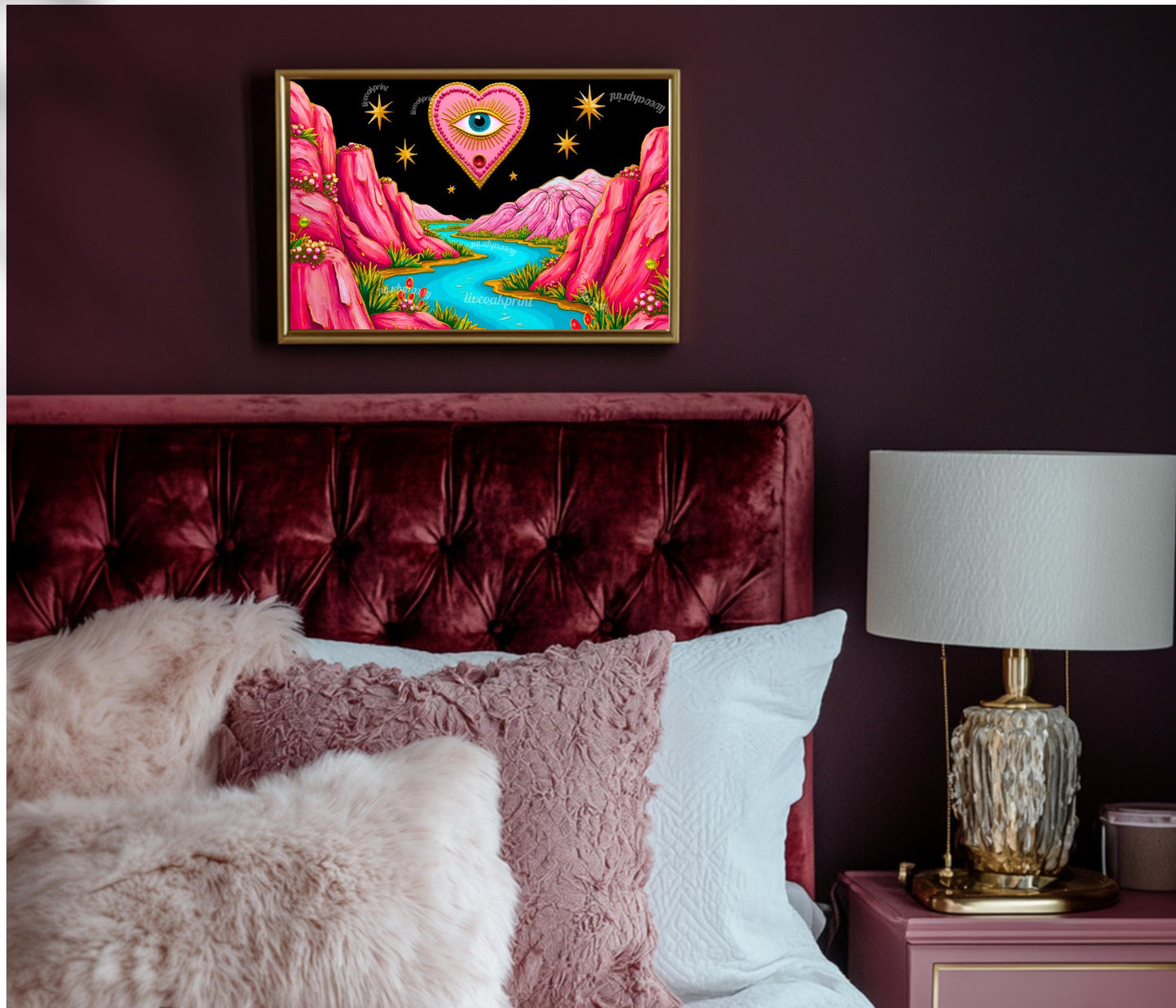 Magical Mountains Art Print - Evil Eye Wall Art Pink Maximalist Poster Whimsical Collage Decor Modern Boho Art