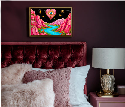 Magical Mountains Art Print - Evil Eye Wall Art Pink Maximalist Poster Whimsical Collage Decor Modern Boho Art