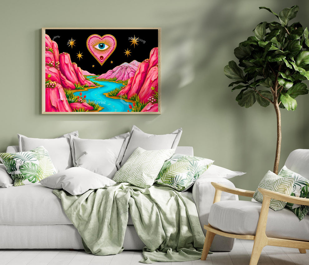 Magical Mountains Art Print - Evil Eye Wall Art Pink Maximalist Poster Whimsical Collage Decor Modern Boho Art
