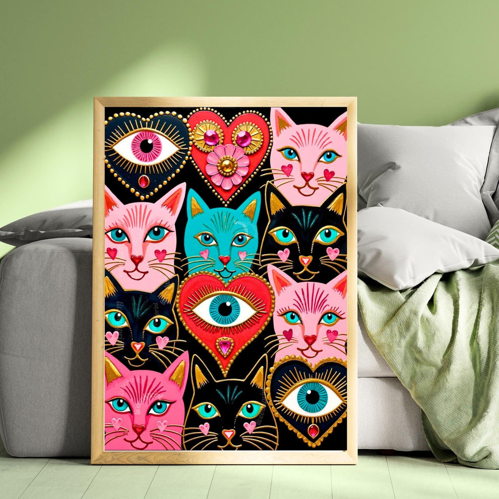 Mystic Feline Guardians Art Print - Sacred Hearts Art Print Folk Wall Art Funky Cat Print Witchy Cat Gift Psychedelic Wall Decor Gold Art