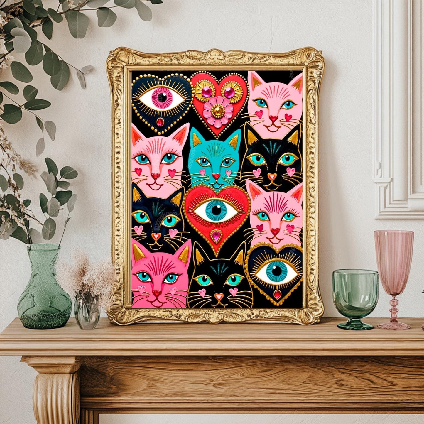 Mystic Feline Guardians Art Print - Sacred Hearts Art Print Folk Wall Art Funky Cat Print Witchy Cat Gift Psychedelic Wall Decor Gold Art