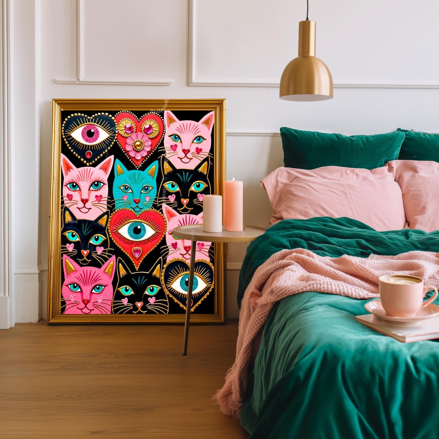 Mystic Feline Guardians Art Print - Sacred Hearts Art Print Folk Wall Art Funky Cat Print Witchy Cat Gift Psychedelic Wall Decor Gold Art