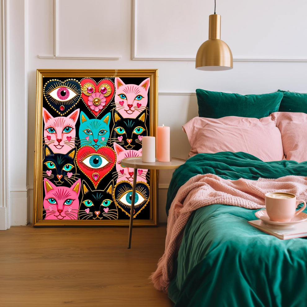 Mystic Feline Guardians Art Print - Sacred Hearts Art Print Folk Wall Art Funky Cat Print Witchy Cat Gift Psychedelic Wall Decor Gold Art