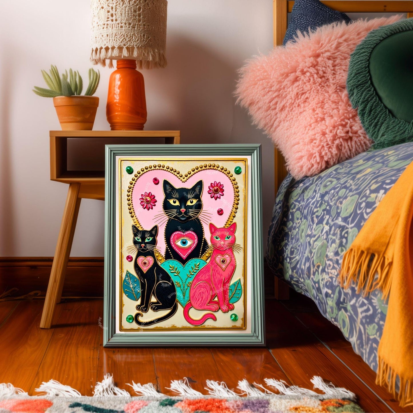 The Enchanted Cat Sisters – Whimsical Witchy Cat Wall Art Folk Wall Art Funky Cat Print Witchy Cat Gift Psychedelic Wall Decor Gold Wall Art