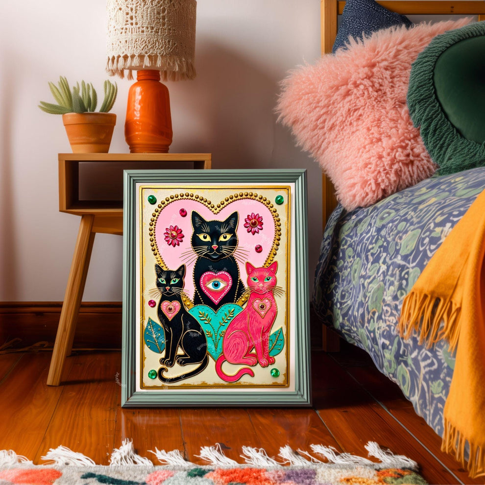 The Enchanted Cat Sisters – Whimsical Witchy Cat Wall Art Folk Wall Art Funky Cat Print Witchy Cat Gift Psychedelic Wall Decor Gold Wall Art